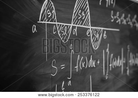 Mathematics Function Integra Graph Formulas On The Chalkboard.