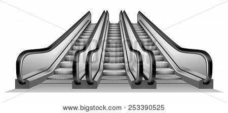 Group Of Escalator In Metro Mockup. Realistic Illustration Of Group Of Escalator In Metro Mockup For
