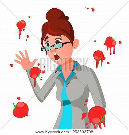 Business Woman Having Tomatoes Fail Speech Vector. Unsuccessful Presentation. Bad Public Speech. Eur