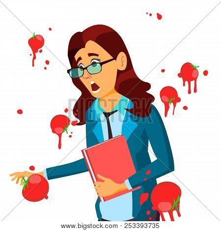 Business Woman Having Tomatoes From Crowd. Fail Speech Vector. Unsuccessful Presentation. Bad Public