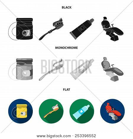 Dental Floss, Toothbrush, Toothpaste, Dental Chair. Dental Care Set Collection Icons In Black, Flat,