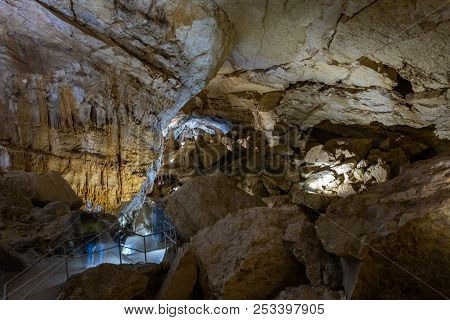 Cave Stalactites, Stalagmites, And Other Formations At Marble Cave, Chatyrdag Plateau, Crimea