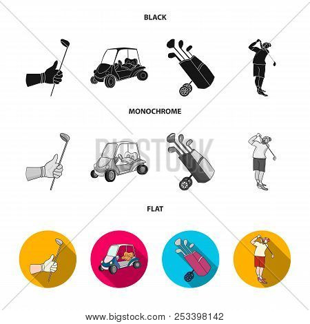 A Gloved Hand With A Stick, A Golf Cart, A Trolley Bag With Sticks In A Bag, A Man Hammering With A 