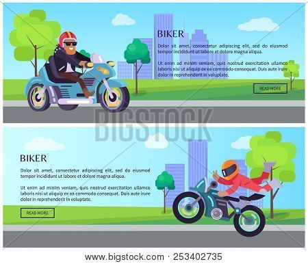 Biker Vector Web Pages Design With Push Buttons, Street Racer On Motorbike Driving On Cityscape Back