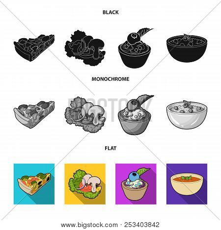 Piece Of Vegetarian Pizza With Tomatoes, Lettuce Leaves With Mushrooms, Blueberry Cake, Vegetarian S