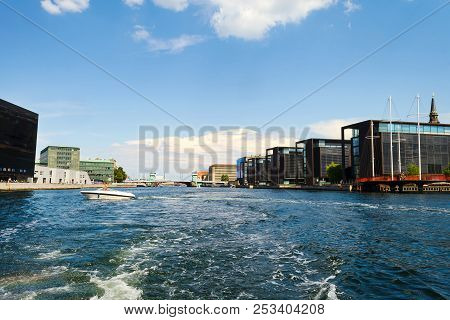 Copenhagen, Denmark - July 13, 2018. Beautiful Architecture Of Copenhagen On The Bank Of The Canal. 