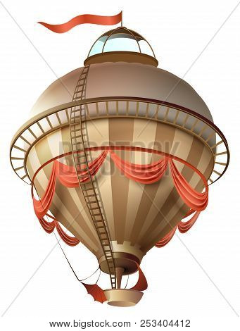 Balloon Retro Blimp Ship With Flag Isolated On White