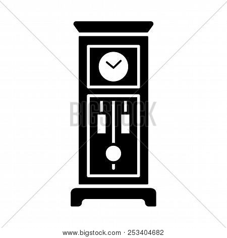 Vector Illustration Of Old Floor Clock. Flat Icon Of Vintage Large Wooden Grandfahter Clock With Pen