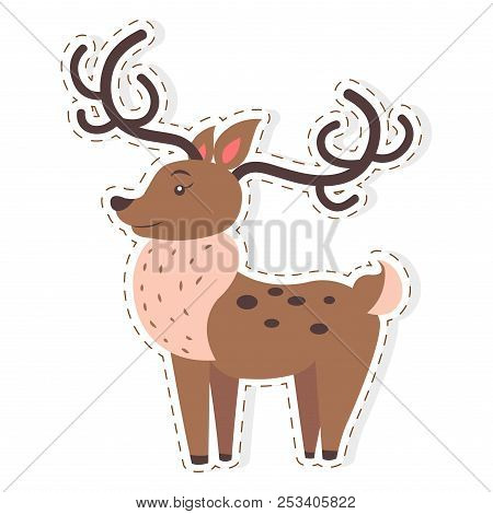 Cute Funny Horned Fallow Reindeer Vector Flat Cartoon Sticker Or Icon Outlined With Dotted Line Isol