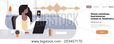 Businesswoman Hold Phone Intelligent Voice Personal Assistant Recognition Sound Waves Technology Con