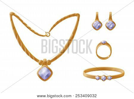 Chain Of Gold And Ring Set, Earrings And Bracelet With Precious Stones Accessories Of Same Style, Si