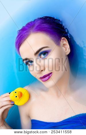 Portrait Of Beauty Young Woman Female Girl Fashion Luxury Model With Purple Hair And Bright Makeup R