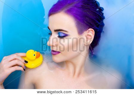 Portrait Of Beauty Young Woman Female Girl Fashion Luxury Model With Purple Hair And Bright Makeup R