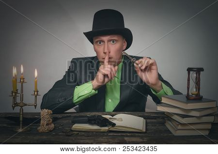 Detective Agent Collecting A Compromising Evidence And Searching For Fingerprint. Detective Or Spy A