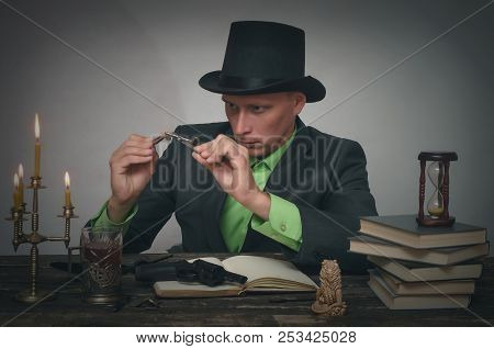 Detective Agent Collecting A Compromising Evidence And Searching For Fingerprint. Detective Or Spy A
