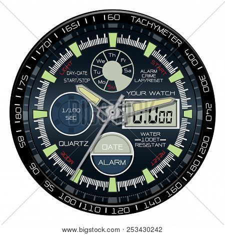 Realistic Watch Chronograph Clock Face On White Background Luxury Vector Illustration.