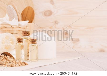 Yellow Cosmetics Oil, Oatmeal Flackes And White Cream, Bath Accessories On Beige Wooden Shelf, Copy 