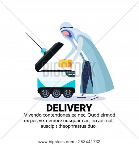 Arabic Man Loading Box Robot Self Drive Fast Delivery Goods In City Car Robotic Carry Concept Isolat