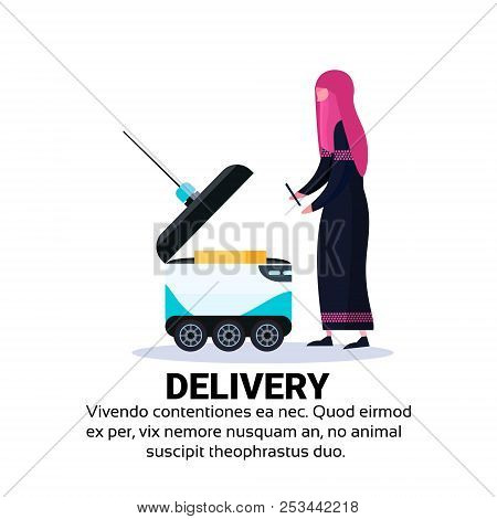Arabic Woman Loading Box Robot Self Drive Fast Delivery Goods In City Car Robotic Carry Concept Isol