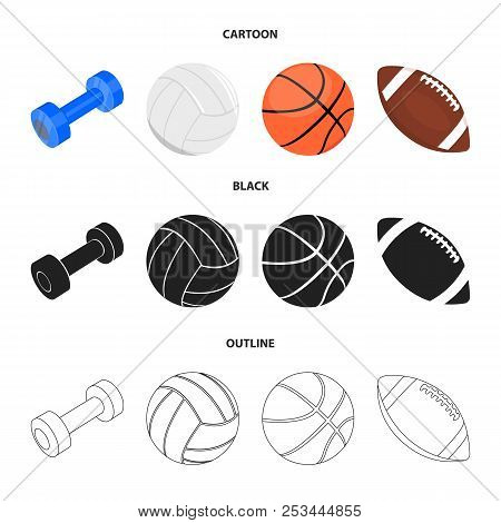 Blue Dumbbell, White Soccer Ball, Basketball, Rugby Ball. Sport Set Collection Icons In Cartoon, Bla