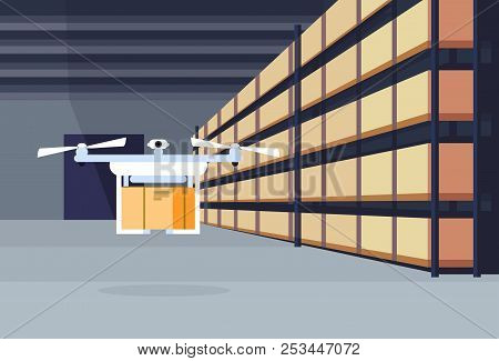 Delivery Drone Flying Air Shipment Warehouse Interior Parcel Box On Rack Logistic Cargo Service Conc