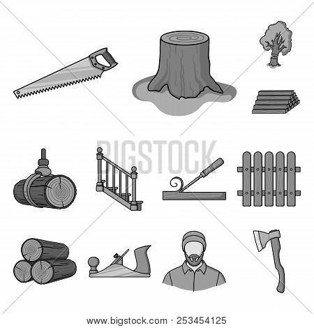 Sawmill And Timber Monochrome Icons In Set Collection For Design. Hardware And Tools Vector Symbol S