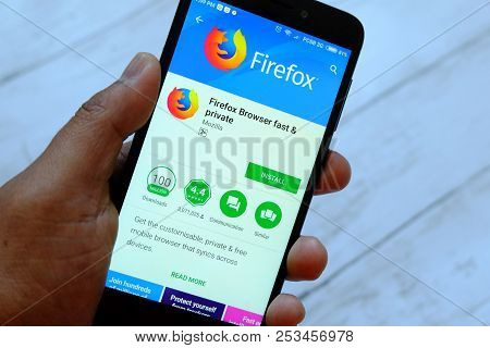 Bandar Seri Begawan,brunei - July 25th,2018 : A Male Hand Holding Smartphone With Mozilla Firefox Ap