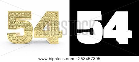 Golden Number Fifty Four (number 54) On White Background With Drop Shadow And Alpha Channel. 3d Illu