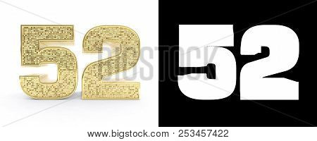 Golden Number Fifty Two (number 52) On White Background With Drop Shadow And Alpha Channel. 3d Illus