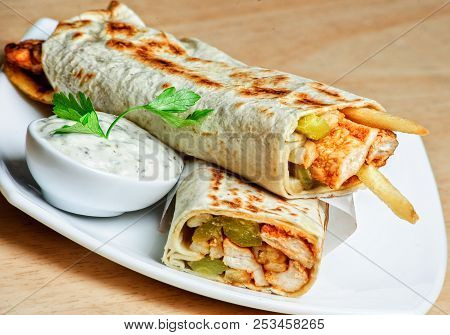 Eastern Traditional Shawarma Plate With Sauce.arabic Food.