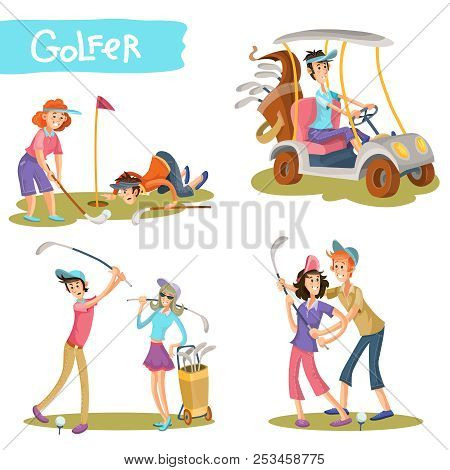 Set Of Female And Male Golfers Cartoon Characters Playing Golf, Learning Hold Stick, Hitting Ball, D