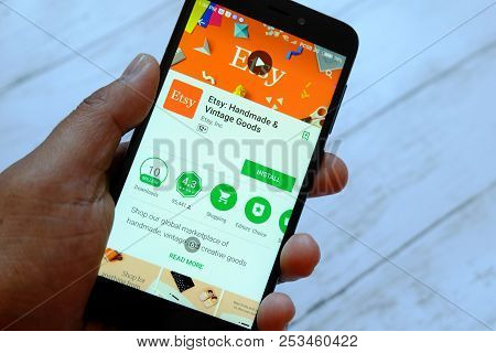 Bandar Seri Begawan,brunei - July 25th,2018 : A Male Hand Holding Smartphone With Etsy Apps On An An