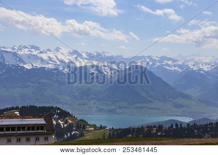 Top Of Rigi Kulm Luzern Switzerland With Alps Snow Mountain View A