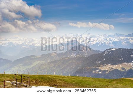 Top Of Rigi Kulm Luzern Switzerland With Alps Snow Mountain View A
