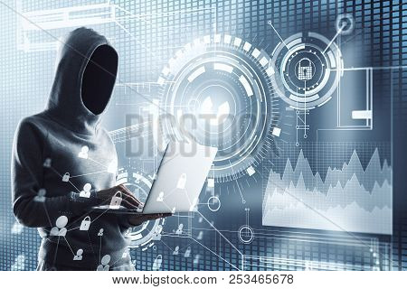 Hacker Using Laptop With Interface On Blurry Background. Hacking And Thief Concept. Double Exposure