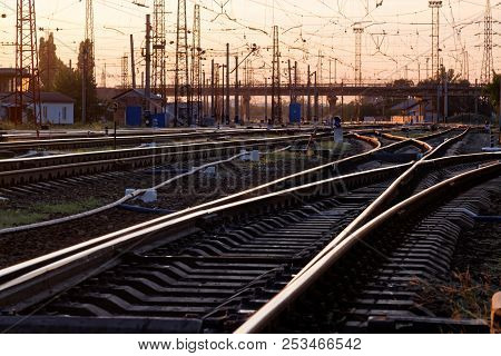 Railway Pointwork, Railway Tracks On The Station At Summer Sunset. Transportation
