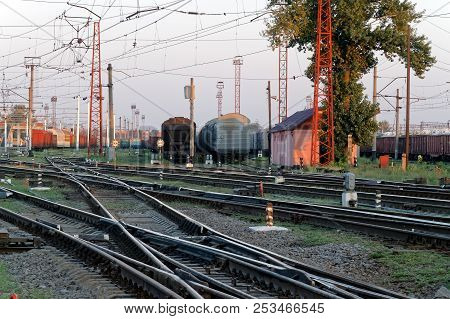 Railway Pointwork, Railway Tracks On The Station At Summer Sunset. Transportation
