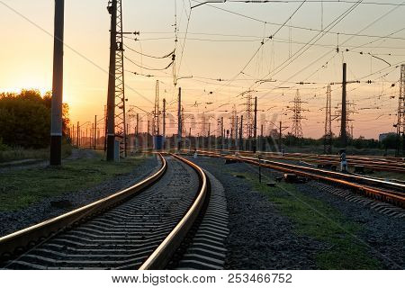 Railway Pointwork, Railway Tracks On The Station At Summer Sunset. Transportation