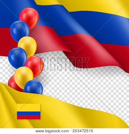 Colombian Patriotic Template With Copy Space. Realistic Waving Colombian Flag And Colorful Helium Ba