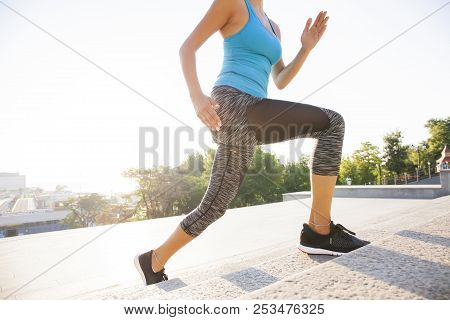 Healthy Lifestyle Sports Woman Running Up On Stone Stairs Sunrise Seaside