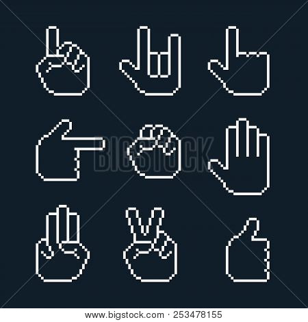 Pixel Art Vector Black Hands Gestures Cursors Set.