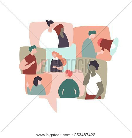 Vector Illustration Of Different People In Talking Bubbles Communicate With Each Other. Concept Comm