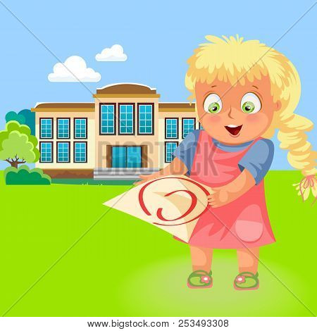 Happy School Girl With C Grade Poster Smiling Girls Demonstrating Excellent Marks On Tests Vector Il