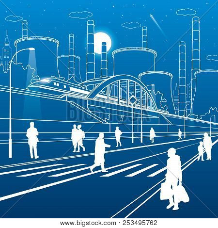 Urban Infrastructure Illustration. People Walking At The Street. Train Move On Bridge. Illuminated H