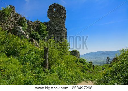 Ancient Ruins Of The Castle Of The Town Of Khust (dracula Castle). A Huge And Powerful Castle That P