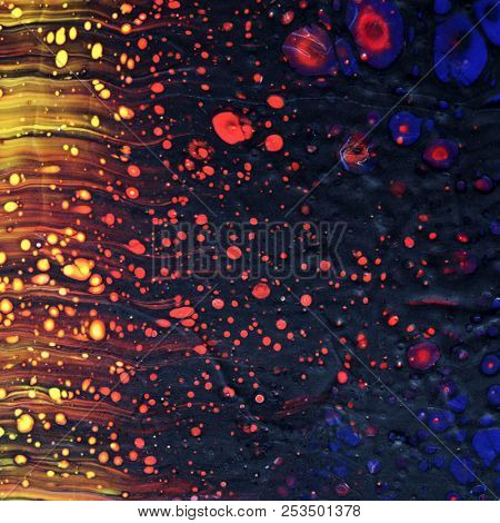 Abstract texture. Modern artwork background. Mixed black, yellow, red and blue pianting. Fluid Art. Unusual trendy background for poster, card, invitation. Contemporary art.