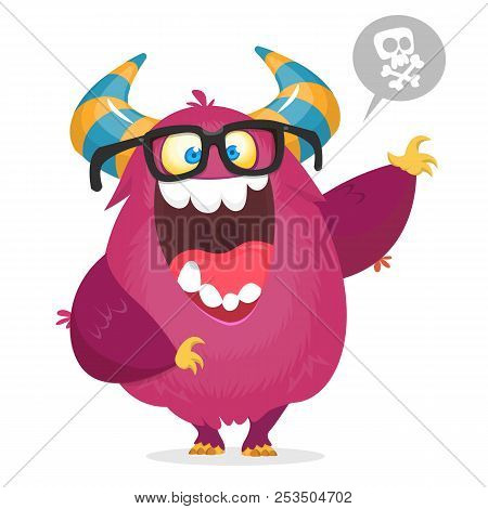 Cartoon Smart Monster Nerd Wearing Glasses. Vector Illustration Of Excited Monster Character Waving 