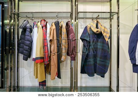 ROME, ITALY - CIRCA NOVEMBER, 2017: interior shot of Burberry store in Fiumicino International Airport. Burberry Group PLC is a British luxury fashion house.