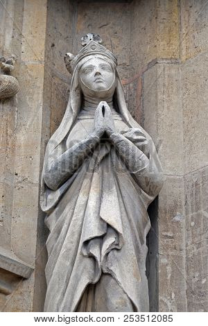 PARIS, FRANCE - JANUARY 11: Saint Radegund statue on the portal of the Saint Germain l'Auxerrois church in Paris, France on January 11, 2018.