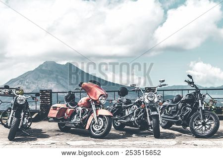 Bali, Indonesia - August 12, 2018: Harley Davidson Motorcycles On The Parking Close To Batur Volcano